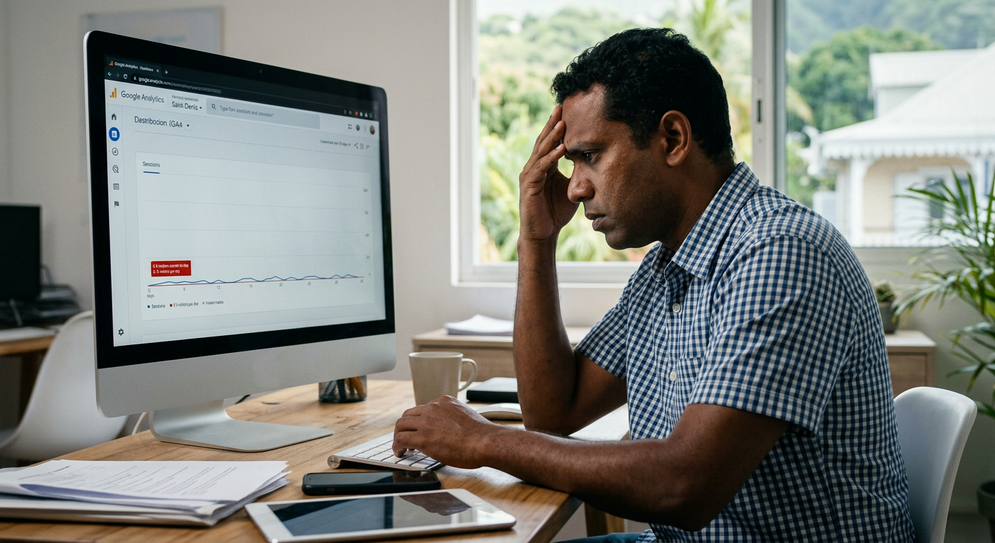 Entrepreneur réunionnais préoccupé devant Google Analytics avec courbes plates